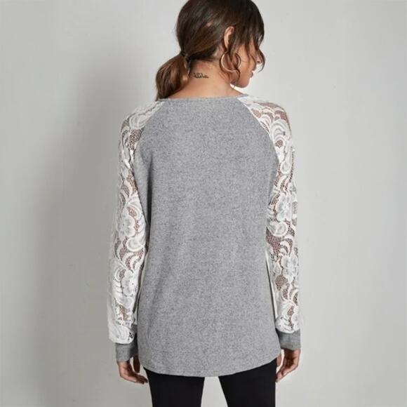 Lightweight Gray Knit Lace Sleeves Top Sz Large - Picture 1 of 9